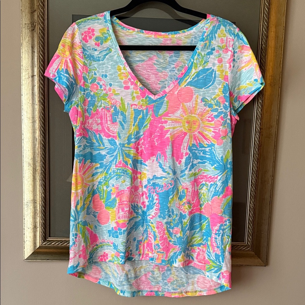 Lilly Pulitzer Etta V Neck Florida Cotton Slub Tee Shirt Medium